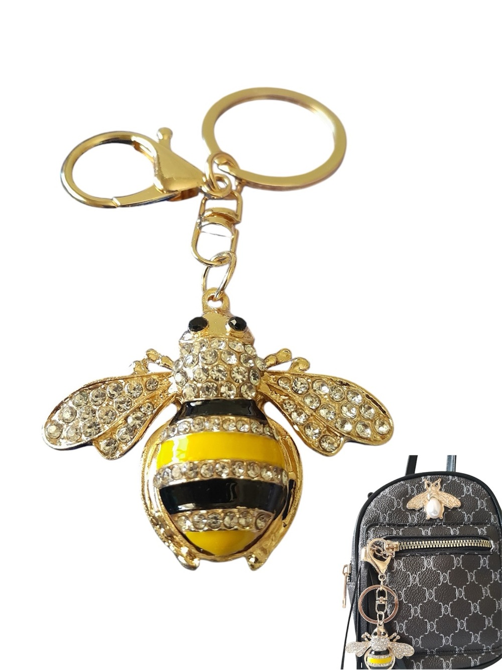 Rhinestones Crystal Bumble Bee Bag Charm Purse Keychain